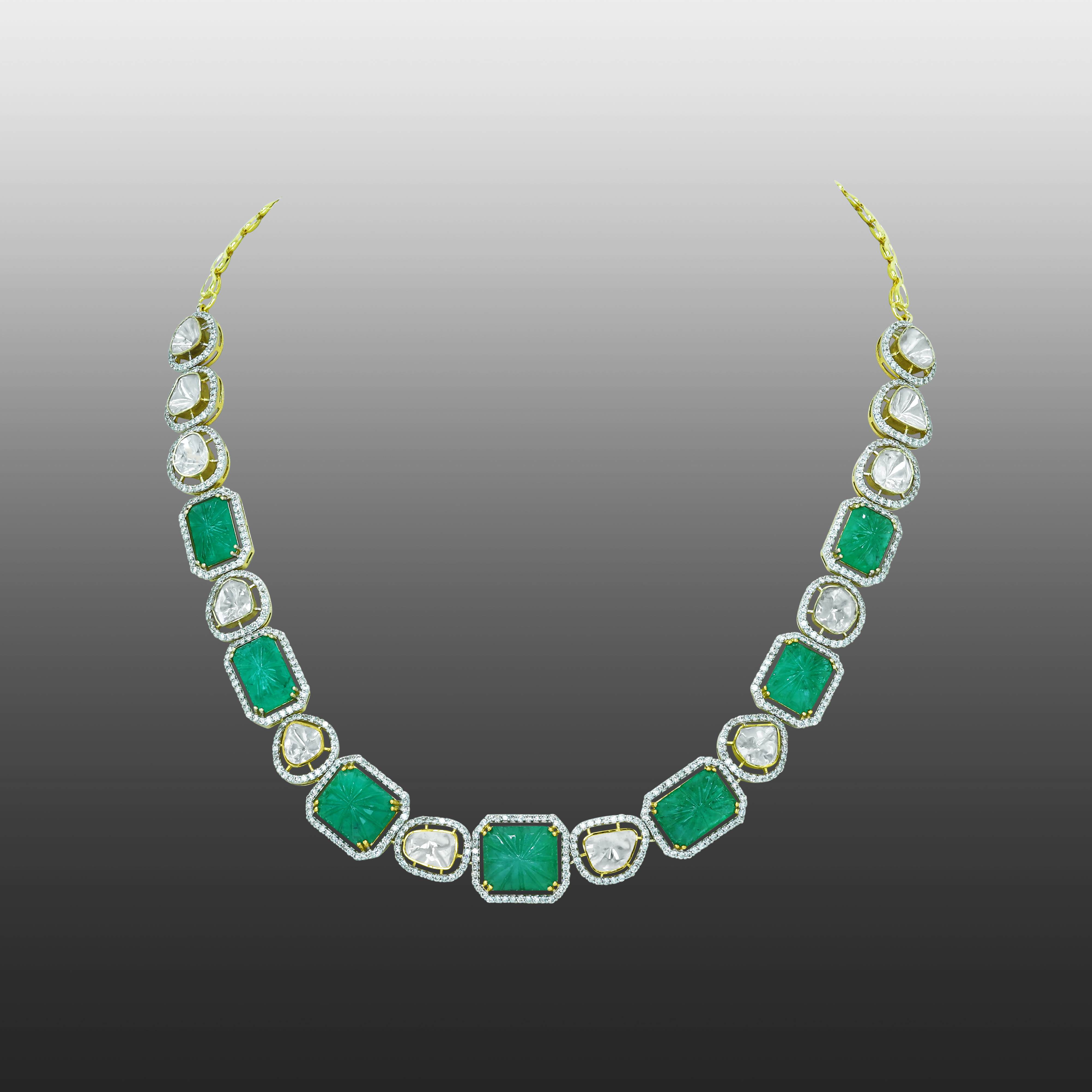 Carved Emerald and Polki Diamond Necklace with Alternating Pattern